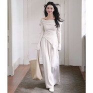 不規則一字肩毛衣時(shí)尚套裝裙女秋冬新款韓版高腰a字半身裙兩件套 燕麥色套裝 S (建議100斤內）