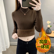 對蘭半高領(lǐng)加絨加厚毛衣女秋冬季新款女裝內搭保暖針織衫打底衫女 咖啡一體絨 均碼(適合90斤-135斤)