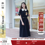 兩三事梵高文藝 梵花遺夢 2025夏季新款印花布拼接撞色翻領(lǐng)連衣裙 黑色  M