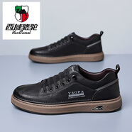 西域駱駝（VANCAMEL）輕奢高端新款男士休閑皮鞋男潮流韓版時尚板鞋真皮復(fù)古小白鞋 PZ7773 黑色 39