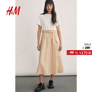 H&M女裝連衣裙秋季休閑圓領(lǐng)短袖喇叭中長(cháng)連衣裙1233304 淺米色/白色 155/80