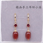原創(chuàng)紅瑪瑙新款百搭桶珠耳環(huán)耳墜圓珠復(fù)古宮廷女款14包金耳扣耳飾 紅色 1