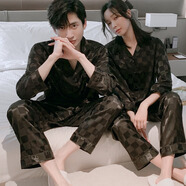 俞兆林情侶睡衣夏季一男一女冰絲男士家居服新款高級感睡袍結婚25年新款 NSNY-方格黑色款-長(cháng)袖長(cháng)褲 M 女款建議體重80-100斤