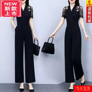 踏司紅高檔輕奢氣質(zhì)女神范高端闊腿連體褲套裝女夏季時(shí)尚蕾絲拼接連身褲 黑色 M (建議90-104斤)