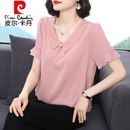 皮爾卡丹（pierre cardin）雪紡衫女夏裝2025年新款洋氣減齡氣質(zhì)荷葉袖小衫中年短袖上衣 粉色  XL 建議115-125斤