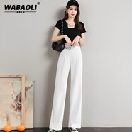 WABAOLI高端品牌 冰絲休閑褲女夏季高腰西裝褲寬松闊腿褲子垂感女褲黑色 白色夏季薄款【保證不透】 XL（建議體重120-130斤）