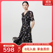 敦奴（DUNNU）dunnu敦奴2024夏季新款中長款法式V領(lǐng)雪紡印花連衣裙女 正黑色 S