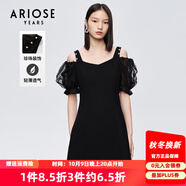 艾諾絲雅詩【商場同款】夏新珍珠網(wǎng)紗泡泡袖短袖小清新小黑裙連衣裙10429006 黑色 M