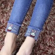 LGXP新塘牛仔褲女款新款女高腰翻邊鉛筆褲彈力顯瘦小腳褲刺銹花小個(gè)子 道奇藍912小白兔 26【80-90斤1尺9】