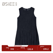 BSIEE2025年夏季新款圓領無袖復古文藝百褶牛仔背心連身裙 牛仔藍 牛仔藍 均碼 F