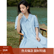 茵曼（INMAN）2025夏女新款田園娃娃裙切爾西領(lǐng)泡泡袖A字連衣裙 淺水藍 -18525990 M