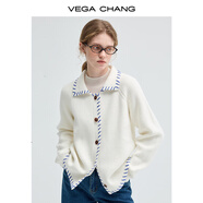 VEGA CHANG毛針織衫女2025年秋冬新款手工穿線撞色冰島藍毛衣開衫 溫柔米白 S