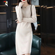 啄木鳥(niǎo)中長(cháng)款羊毛針織連衣裙女秋冬季新款過(guò)膝內搭打底裙休閑慵懶風(fēng)毛衣 LYQ792#淺米色 S 建議90-100斤