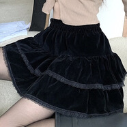 沂歆黑色半身裙春季裙子女短裙a字蛋糕蓬蓬裙小個子2025年新款高級感 【黑色】絲絨雙層碎花邊蓬蓬短裙 均碼 【建議體重約80-120斤】