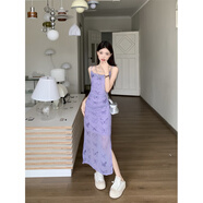 YIOU春夏新款夢(mèng)境蝴蝶彈力網(wǎng)紗印花紫色吊帶連衣裙女6610 紫色長(zhǎng)款連衣裙 S