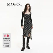 MO&Co.連衣裙含綿羊毛格紋捏褶收腰斜裁裙擺側開叉吊帶裙摩安珂 黑白格色 S 160