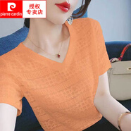 皮爾卡丹（pierre cardin）高檔蕾絲短袖t恤女士小衫2025夏季新款V領(lǐng)氣質(zhì)雪紡.衫上衣潮 SD1705 桔色 2XL