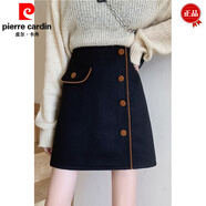 皮爾卡丹（pierre cardin）2025秋冬新款毛呢高腰不規則半身裙女單排扣顯瘦a字裙大碼短裙 保暖黑色 自帶安全褲 S