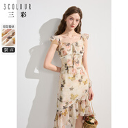 三彩獨醒2024夏季新款系帶方領(lǐng)連衣裙荷葉邊碎花雪紡長(cháng)裙小個(gè)子 米白色花卉 XL 170/92A