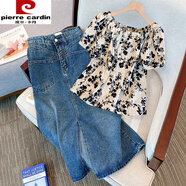 皮爾卡丹（pierre cardin）大碼洋氣減齡套裝女夏季2026新款胖mm遮肚碎花泡泡短袖襯衫牛仔裙 搭配A(氣質(zhì)女神范高端套裝/設計 L 大(建議100-120斤)