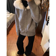 燦圖白色軟糯慵懶風(fēng)連帽毛領(lǐng)針織衫外套女秋冬季設計感拉鏈開(kāi)衫毛衣潮 灰色 均碼 建議80-150斤