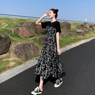 風曉薇女裝2024夏季流行新款顯瘦雪紡碎花長裙假兩件拼接氣質(zhì)連衣裙子 黑色 256-顯瘦遮肚子韓版連衣裙 XL -顯瘦遮肚子韓版連衣裙