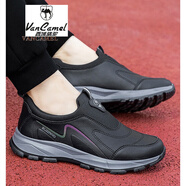 西域駱駝（VANCAMEL）老人鞋子春秋男鞋皮面媽媽休閑運動(dòng)鞋一腳蹬防水防滑中老年爸爸鞋 黑色5503男款【防水防滑】 40 運動(dòng)鞋標準碼