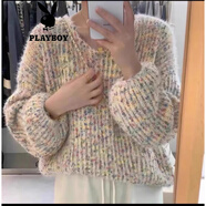 花花公子（PLAYBOY）慵懶風(fēng)感彩色點(diǎn)點(diǎn)毛衣女2025秋冬V領(lǐng)套頭短款加厚上衣針織衫 杏色官方旗艦版 S 建議85斤-95斤