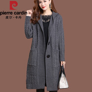 皮爾卡丹（pierre cardin）2025針織開衫女士中長款春秋新款加厚大|衣寬松連帽保暖毛衣外套 灰色 L 建議100-115斤