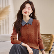 泊榮仕佳美拉德色系100%羊毛衫假兩件針織開(kāi)衫女秋冬新款外搭翻領(lǐng)毛衣外套 焦糖桔 M