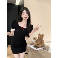 入秋謠夏季新款蕾絲花邊圓領(lǐng)短袖連衣裙女甜辣妹性感收腰包臀裙修身短裙 黑色 L