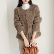 塔馳密司（touchmiss）女裝上衣冬季新款韓版加厚保暖單排扣小香咖色顆粒絨通勤短外套女 淺咖色 L