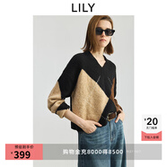 LILY2025秋新款女裝含羊毛復古學(xué)院風(fēng)幾何撞色提花V領(lǐng)針織衫毛衣 510黑 L