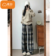 棉致毛呢格子褲子女秋冬季新款寬松闊腿高腰運動(dòng)休閑衛褲加絨 687藏青色【不加絨高品質(zhì)】 L 100-120斤
