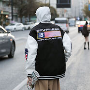 海迪洛美式外套男棒球服春秋款穿搭2024新款PU皮拼接百搭男女同款 黑色007 L (建議105-125斤)