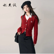 妃奧絨學(xué)院風(fēng)V領(lǐng)修身毛衣開(kāi)衫秋冬季LOGO刺繡內搭針織衫女短款小外套 復古紅 M