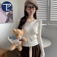 PMOG加絨保暖低領(lǐng)針織打底衫女秋冬洋氣內(nèi)搭修身短款v領(lǐng)白色加厚毛衣 杏[不加絨] L[建議101-110斤]