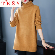 TKSY新款羊毛女秋冬內(nèi)搭針織打底衫女寬松中長款高領(lǐng)包臀毛衣 5818姜黃色高領(lǐng) M 【建議90-109斤】
