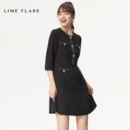 LIME FLARE萊茵福萊爾法式氣質(zhì)小香風(fēng)羊毛連衣裙2024秋季收腰設計感裙子女 黑色七分袖 155/76A/S