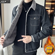 JEEP SPIRIT牛仔外套男羊羔毛秋冬加絨加厚保暖外套寬松帥氣韓版潮流情侶夾克 黑色6 單口袋毛領(lǐng)牛仔外套 加絨 2XL 136-150斤