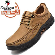 西域駱駝（VANCAMEL）頭層牛皮男鞋真皮加絨棉鞋戶(hù)外休閑登山鞋爸爸鞋 卡其色6198 40