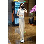 韓璐嬌（hanlujiao）休閑褲女裝夏季2025新款氣質(zhì)顯瘦通勤穿搭衣服運動冰絲闊腿褲子女 杏色衣+卡其褲子 M （建議96-108斤）