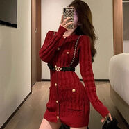 XEQUCCN冬天連衣裙配大衣連體毛衣裙女春季小香風(fēng)長袖氣質(zhì)收腰修身麻花短 紅色 S
