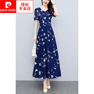 皮爾卡丹（pierre cardin）2025新款印花連衣裙女夏季短袖氣質(zhì)收腰顯瘦時尚碎花中長裙 藏藍(lán)色 高品質(zhì)-不起球 5XL 【建議160斤以上】