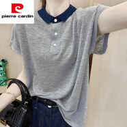 皮爾卡丹（pierre cardin）正肩短袖t恤女夏季2025新款寬松薄款冰絲條紋上衣百搭polo衫體恤2 灰色【女裝夏裝2023新款/polo領(lǐng)t XL
