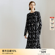 顏域印花蕾絲連衣裙女2024新款冬裝優(yōu)雅氣質(zhì)長(zhǎng)袖荷葉邊中長(zhǎng)款裙子 黑色 XL/42