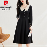 皮爾卡丹（pierre cardin）高貴溫柔風(fēng)長(zhǎng)袖連衣裙娃娃領(lǐng)收腰顯瘦遮肚中長(zhǎng)裙子女2025春秋新款 黑色 L 90-110斤
