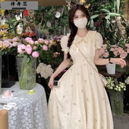 詩丹蕊森系初戀中長裙氣質(zhì)收腰連衣裙女學(xué)生夏日新款溫柔超仙甜美碎花裙 長款 均碼