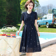 俞兆林（YUZHAOLIN）媽媽夏裝氣質(zhì)連衣裙中年女士夏季雪紡紗袖裙子中老年闊太太40歲50 藏青色 XL_[建議90-110斤]