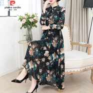 皮爾卡丹（pierre cardin）秋裝雪紡連衣裙女長(zhǎng)袖新款秋冬加絨顯瘦洋氣大碼長(zhǎng)款碎花裙女 孔雀綠 (不加絨) 3XL
